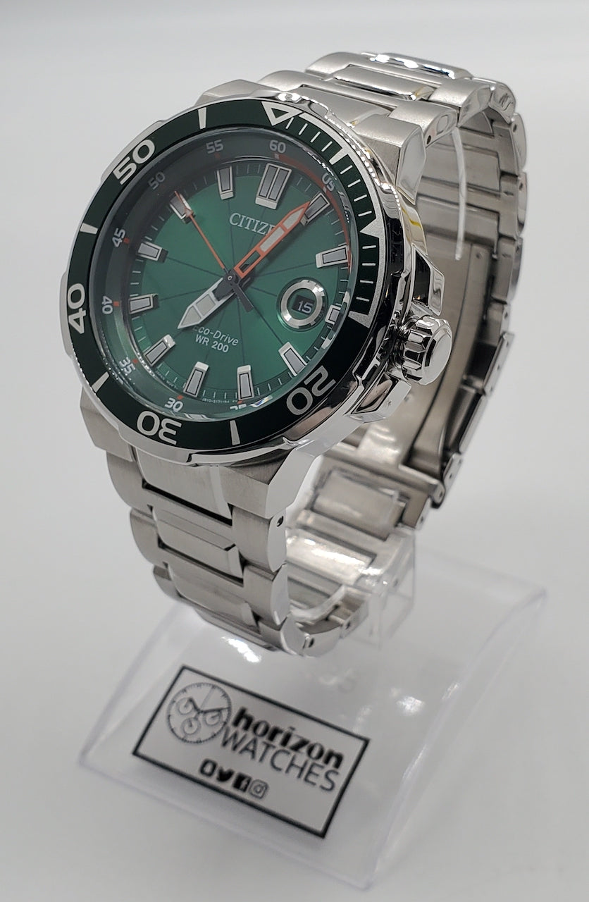 Citizen Eco-Drive Endeavor Diver, Stainless Steel Green Dial Men's Quartz Watch - AW1428-53X