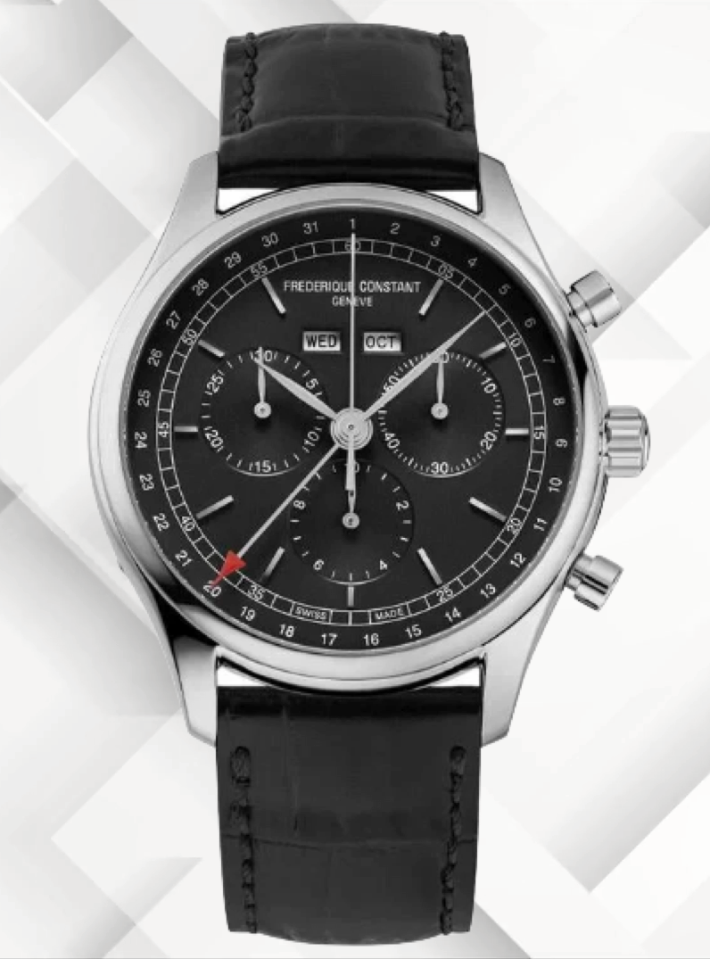 Frederique Constant - Stainless Black Leather Chrono Triple Calendar