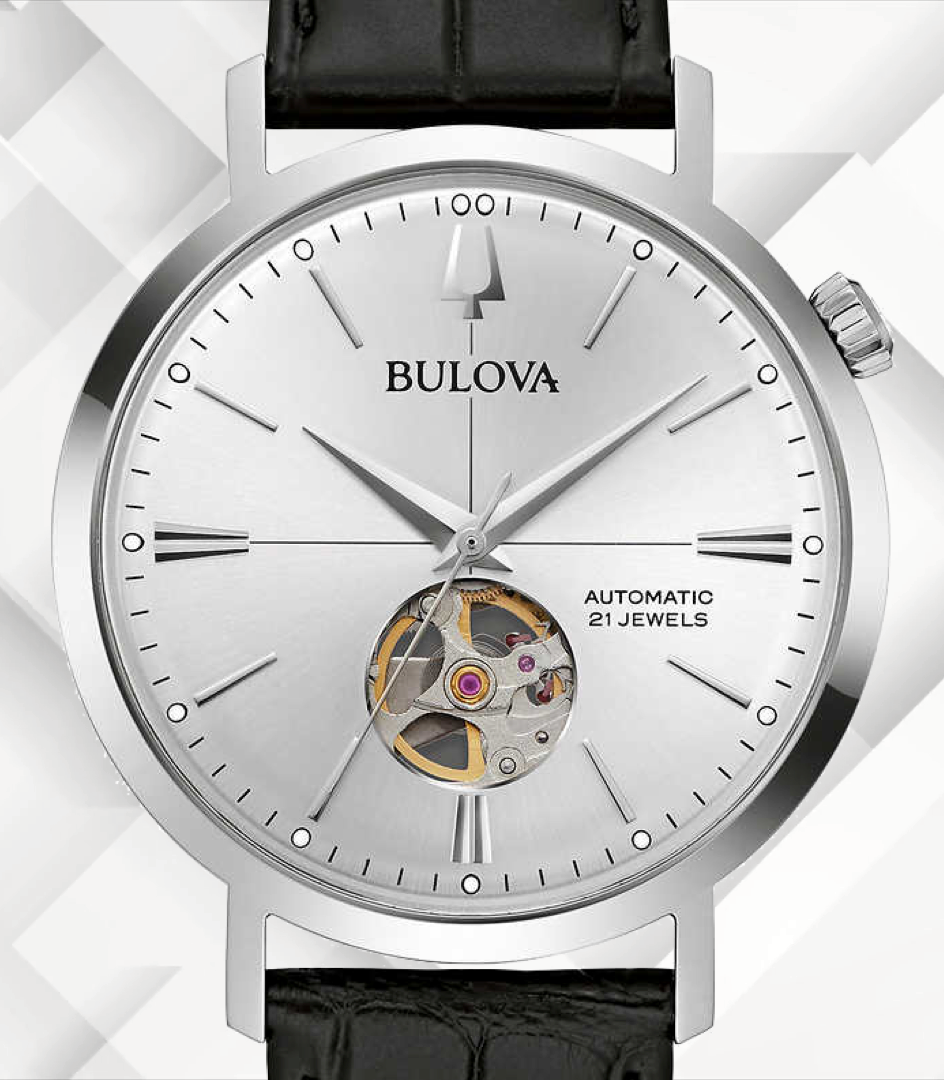 Bulova - Aerojet, Stainless Steel Black Leather Automatic Men's Watch - 96A315