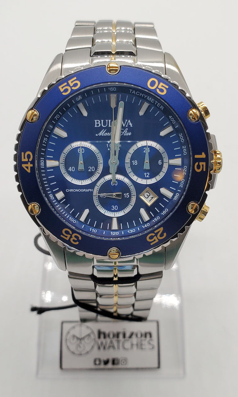 Bulova - Marine Star, Chronograph Stainless Steel Silver Blue Dial Men Quartz Watch - 98B400 (USED)