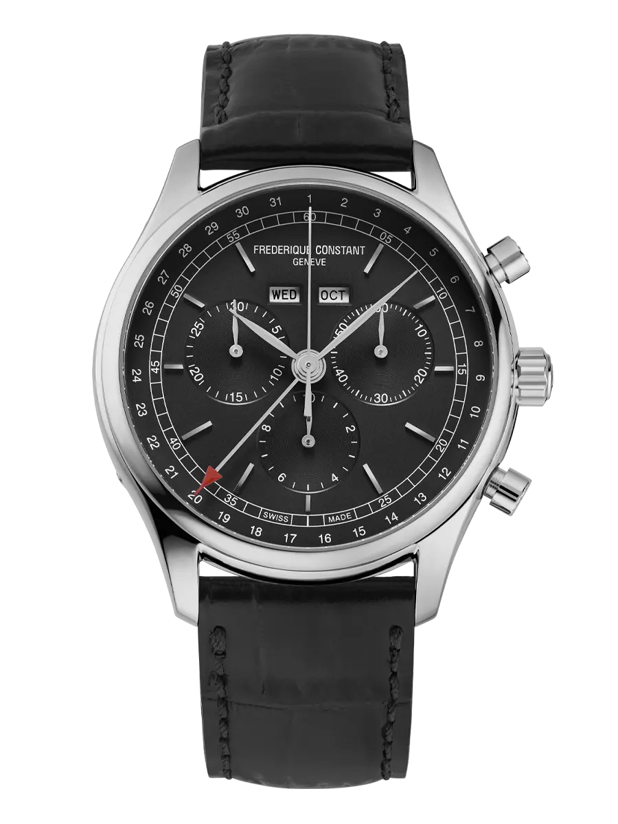 Frederique Constant - Stainless Black Leather Chrono Triple Calendar
