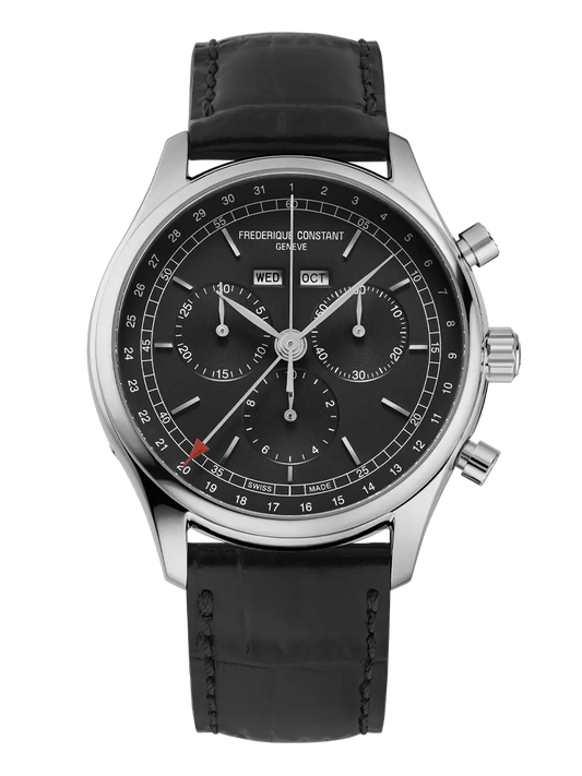 Frederique Constant - Stainless Black Leather Chrono Triple Calendar