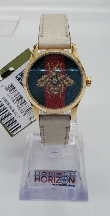 Gucci G-Timeless 27mm Gold-Tone Stainless Steel Case with Off White Leather Band