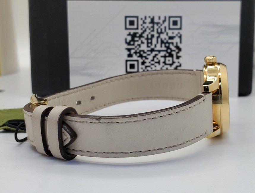 Gucci G-Timeless 27mm Gold-Tone Stainless Steel Case with Off White Leather Band